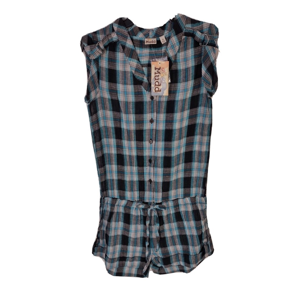 Mudd Romper Women's Missy ‎ Small Sleevless Black Blue Plaid  Lightweight Buckle
